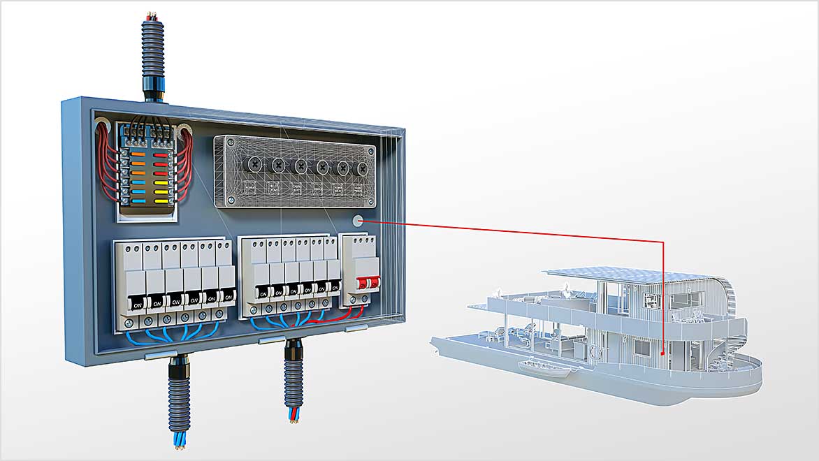 3D closeup of electrical panel detail from houseboat drawing