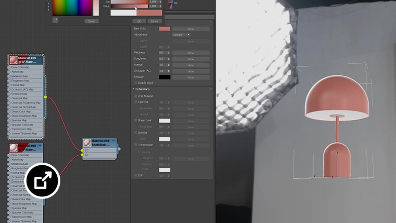 3ds Max UI shot demonstrating glTF material customization