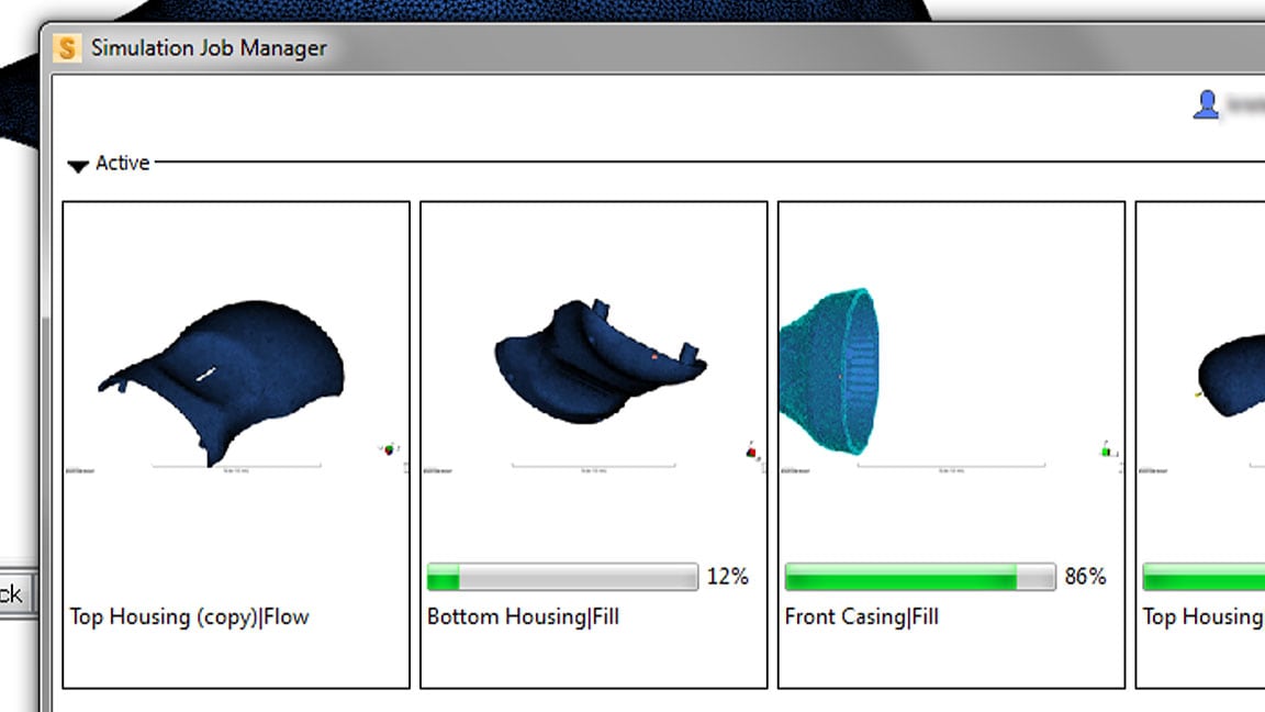 User interface of Moldflow with Analyze in Cloud dropdown selected and Simulation Job Manager and Select Analysis Type open 