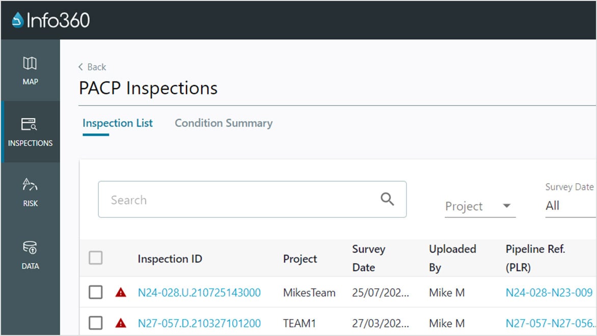 List of inspection deliverables in Info360 Asset  