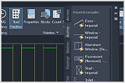 Tool palettes open in drawing of an eco-cabin in Autodesk LT