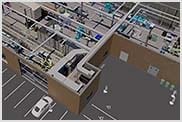 3D factory model containing the building, equipment layout, and HVAC