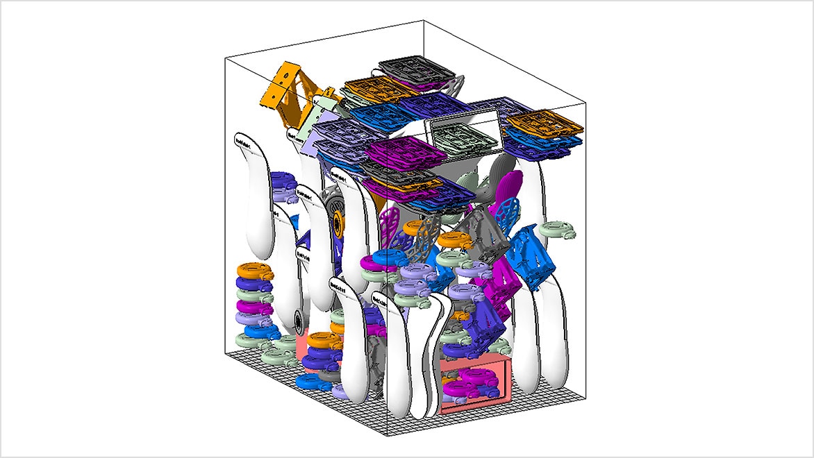 Screenshot showing utilization of the full build space of a 3D printer using Autodesk Netfabb