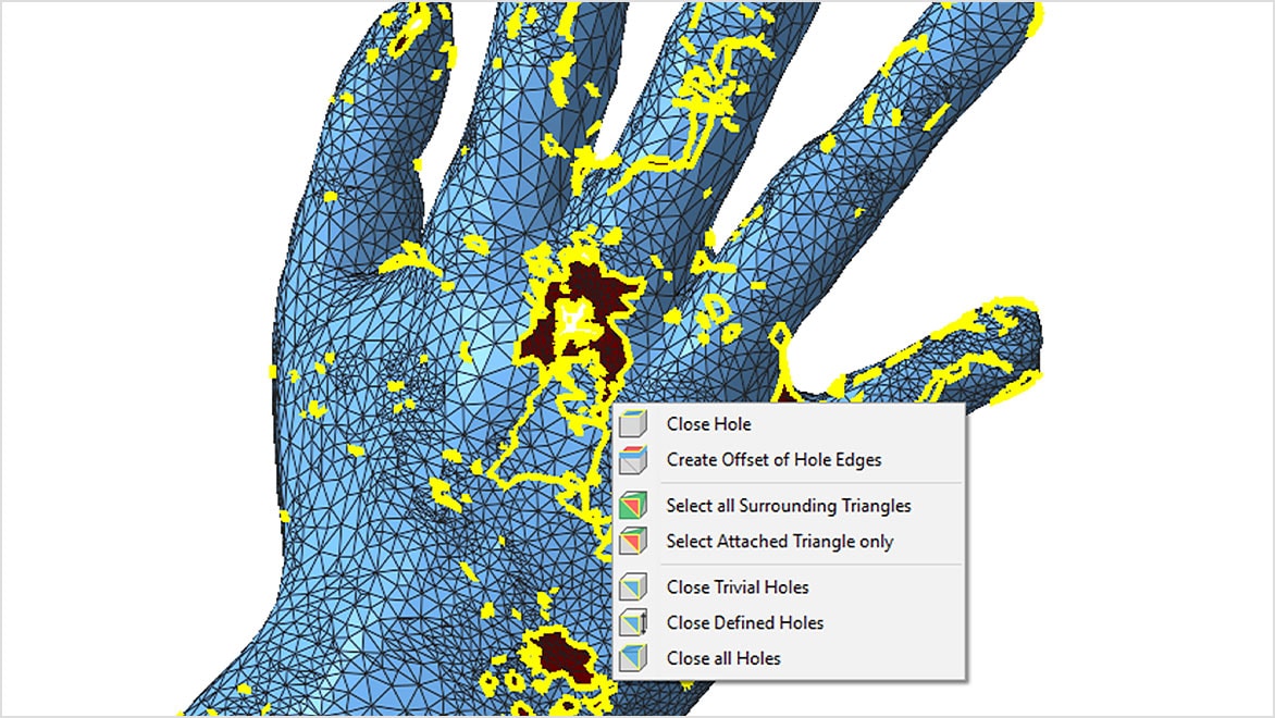 3D model of a hand with the repair panel open in Netfabb 